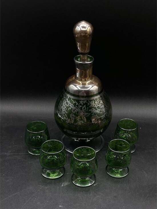 Other - Italian Glass Silver Overlay Floral Pattern Green Decanter and 5 Cordial Glasses